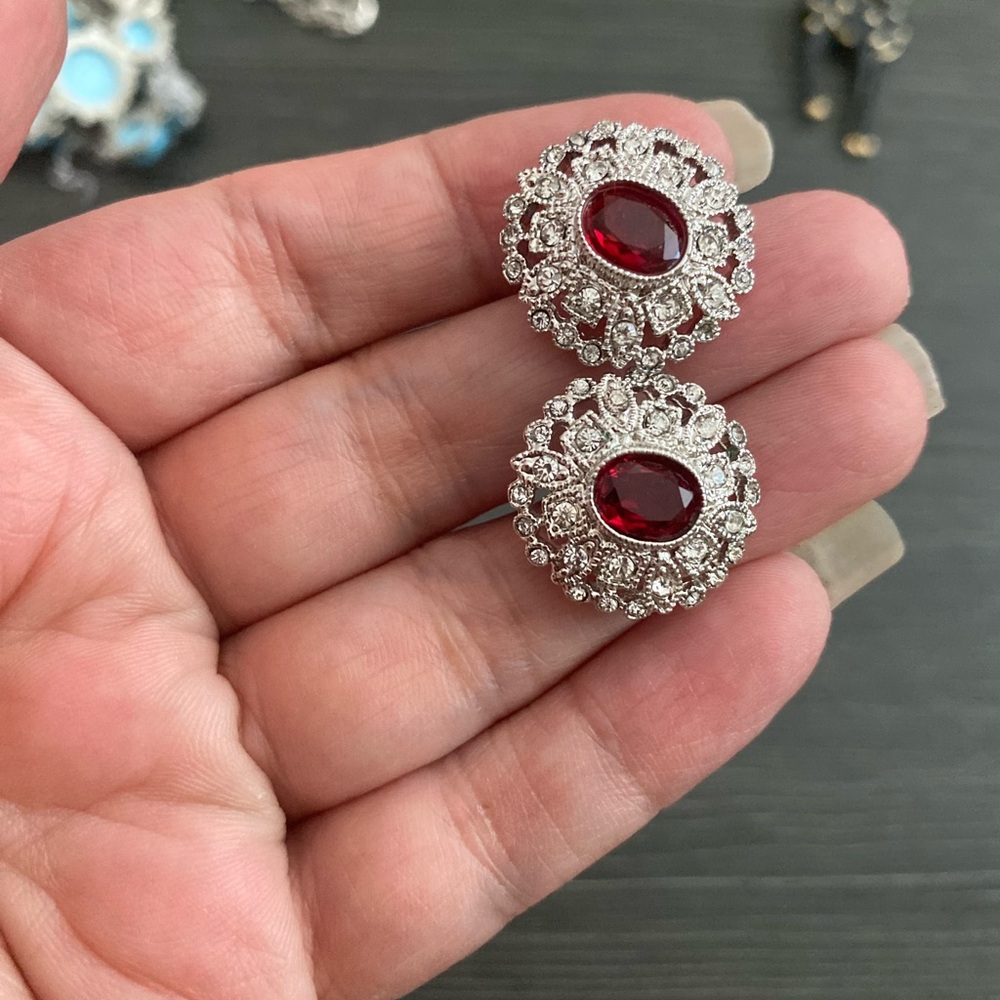 Monet Silver-Tone Filigree Earrings with Red Oval Stones